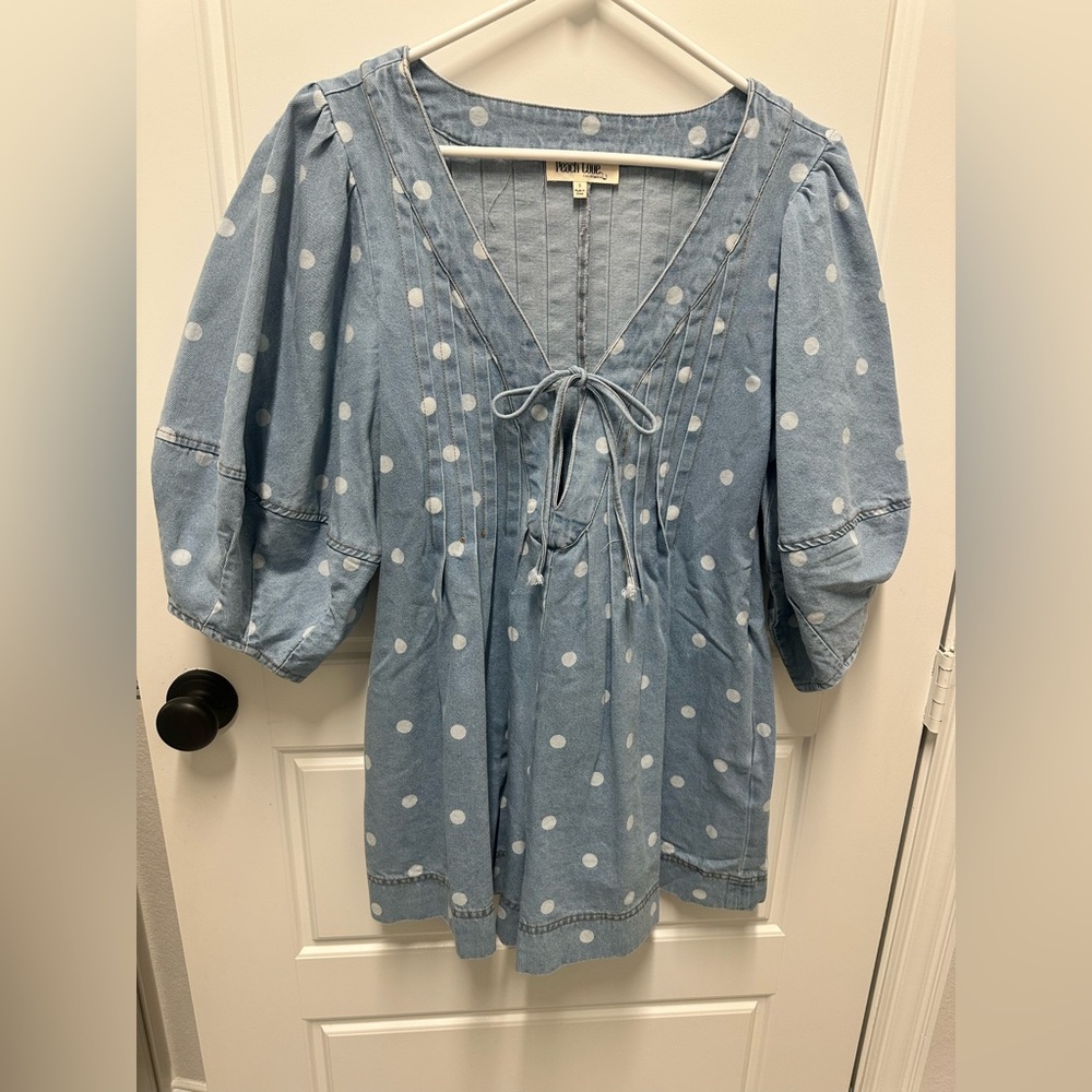 Peach Love Blue Polka Dot Tie-Front Romper - Picture 5 of 6